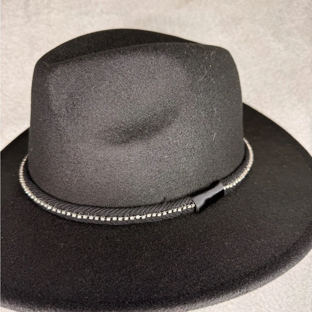 Black Wide Brim Fedora Hat Rhinestone Trim Adjustable Boho Western Chic- New